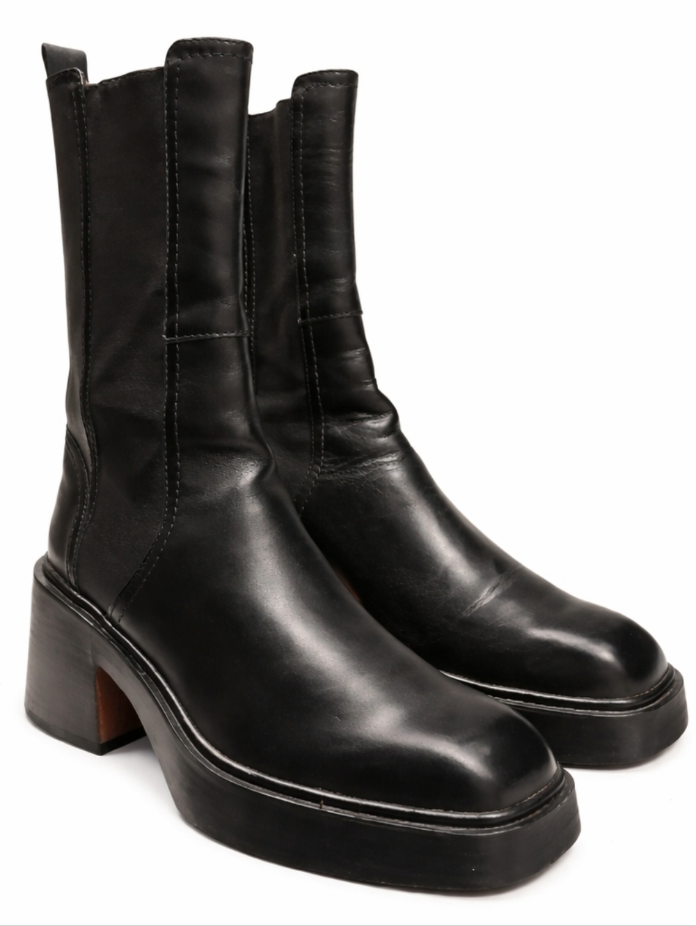 MAJE | Black Leather Platform Chunky Heel Chelsea Boots | EU 38